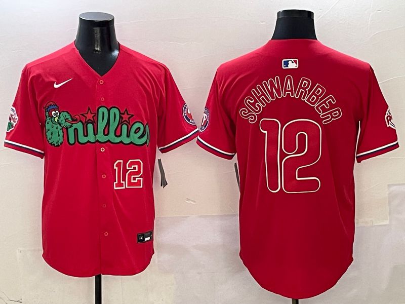 Men Philadelphia Phillies 12 Schwarber Red three generations Joint Name 2025 Nike MLB Jersey style 2